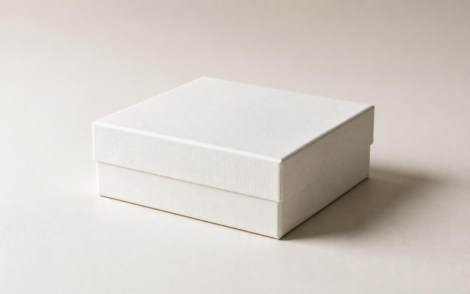 Rigid two-piece box with a textured warm-white wrap